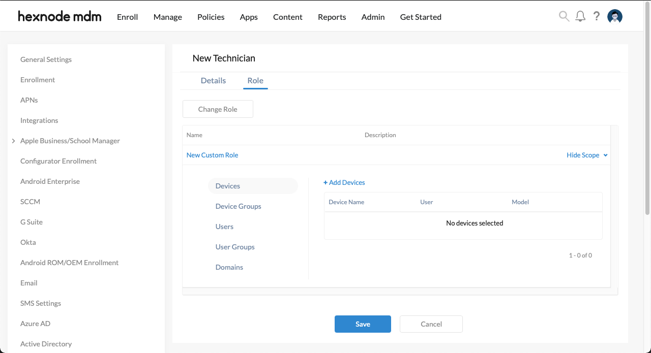 Configure the scope for the custom technician role